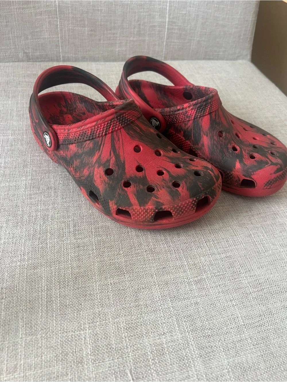 CROCS Red/Black Marble Clogs, boys/kids 3, outdoors, school playground, casual